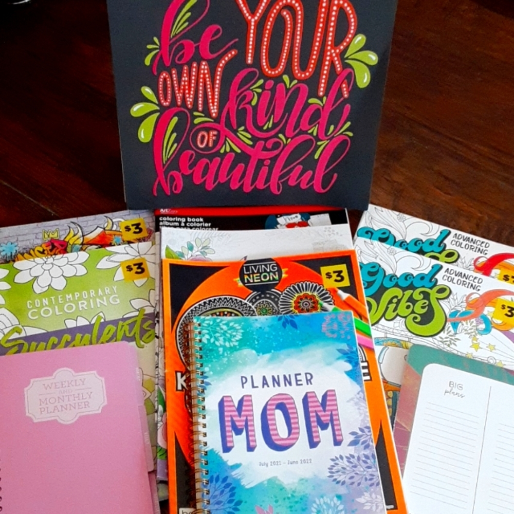 Variety of advanced coloring books for gel pens ect. 2 day planners and paper